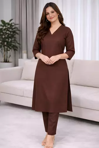 Solid Straight Brown Kurta Set for Women with Pant 3/4 Sleeve, V Neck Designer Kurta with Palazzo Pant Set