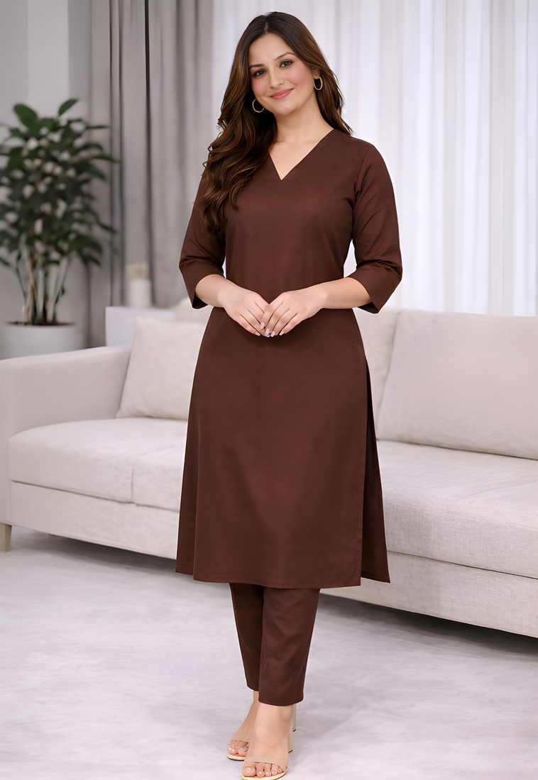 Solid Straight Brown Kurta Set for Women with Pant 3/4 Sleeve, V Neck Designer Kurta with Palazzo Pant Set