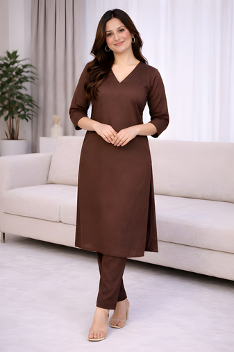 Solid Straight Brown Kurta Set for Women with Pant 3/4 Sleeve, V Neck Designer Kurta with Palazzo Pant Set