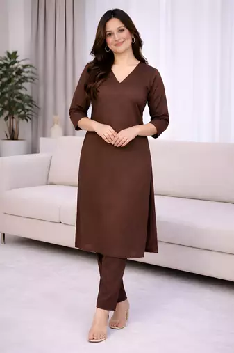 Solid Straight Brown Kurta Set for Women with Pant 3/4 Sleeve, V Neck Designer Kurta with Palazzo Pant Set