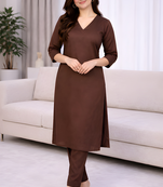 Solid Straight Brown Kurta Set for Women with Pant 3/4 Sleeve, V Neck Designer Kurta with Palazzo Pant Set