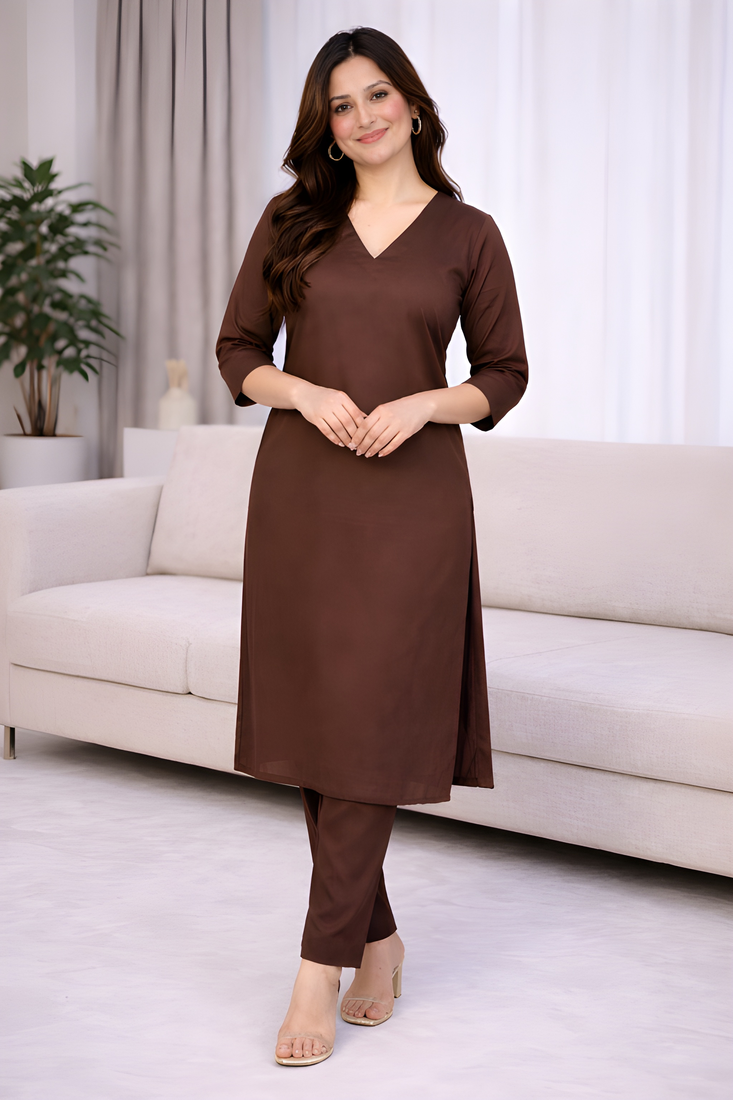 Solid Straight Brown Kurta Set for Women with Pant 3/4 Sleeve, V Neck Designer Kurta with Palazzo Pant Set