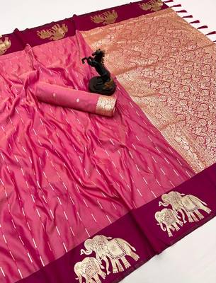 Pink soft silk saree with zari weaving & elephant motifs 1
