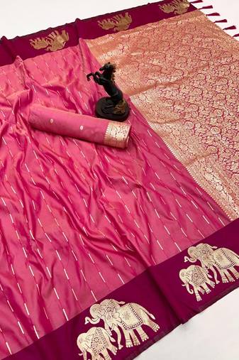 Pink soft silk saree with zari weaving & elephant motifs