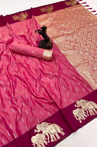 Pink soft silk saree with zari weaving & elephant motifs