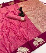 Pink soft silk saree with zari weaving & elephant motifs