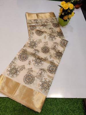 Cream tussar silk saree with kalamkari design & embroidery work 2