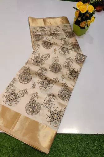 Cream tussar silk saree with kalamkari design & embroidery work