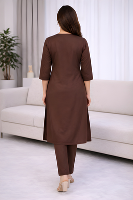 Solid Straight Brown Kurta Set for Women with Pant 3/4 Sleeve, V Neck Designer Kurta with Palazzo Pant Set 2