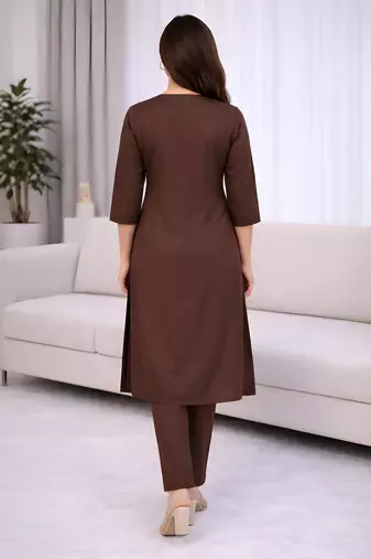 Solid Straight Brown Kurta Set for Women with Pant 3/4 Sleeve, V Neck Designer Kurta with Palazzo Pant Set