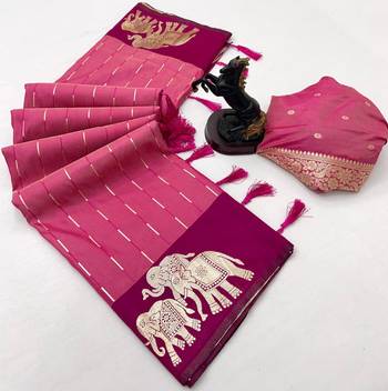 Pink soft silk saree with zari weaving & elephant motifs 2