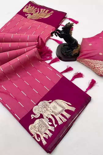 Pink soft silk saree with zari weaving & elephant motifs