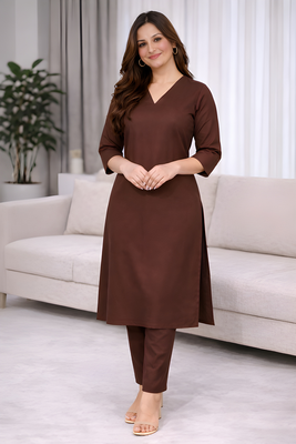 Solid Straight Brown Kurta Set for Women with Pant 3/4 Sleeve, V Neck Designer Kurta with Palazzo Pant Set 4