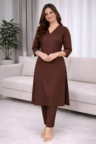 Solid Straight Brown Kurta Set for Women with Pant 3/4 Sleeve, V Neck Designer Kurta with Palazzo Pant Set