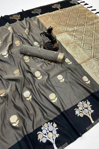 Dark grey soft silk saree with zari weaving & floral motifs
