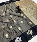 Dark grey soft silk saree with zari weaving & floral motifs