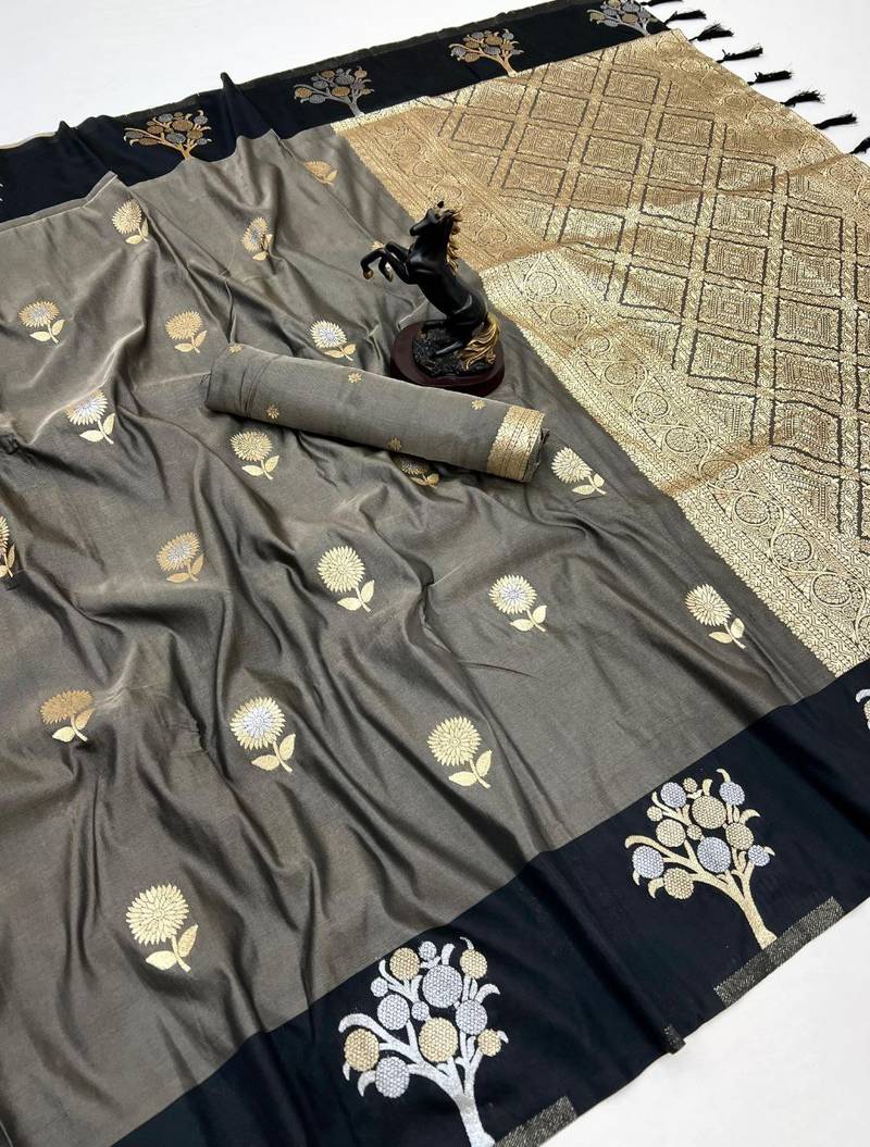 Dark grey soft silk saree with zari weaving & floral motifs