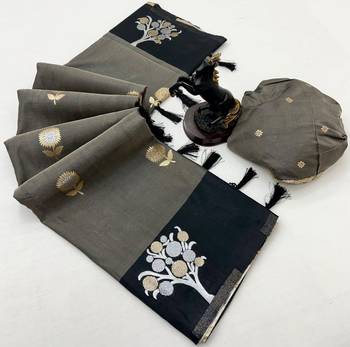 Dark grey soft silk saree with zari weaving & floral motifs 2