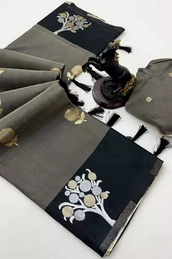 Dark grey soft silk saree with zari weaving & floral motifs