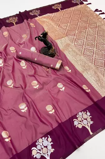 Wine soft silk saree with zari weaving & floral motifs