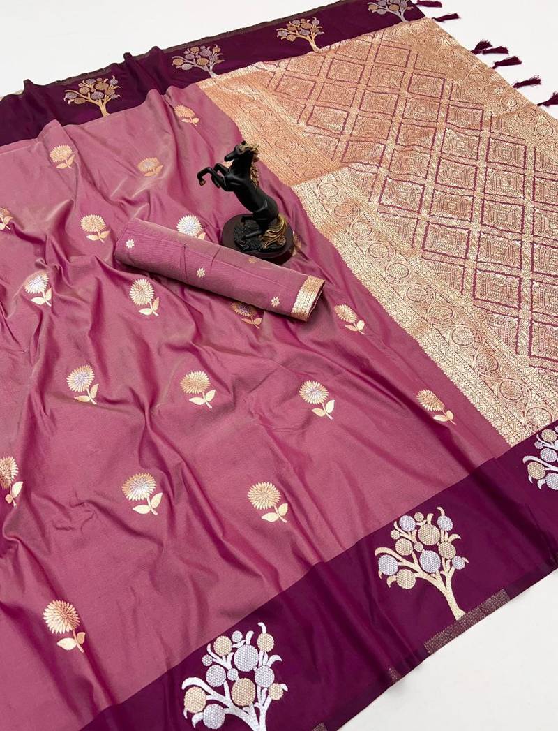 Wine soft silk saree with zari weaving & floral motifs