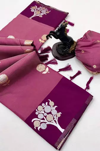 Wine soft silk saree with zari weaving & floral motifs