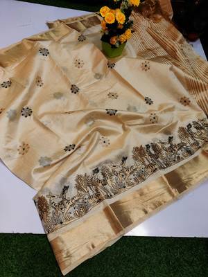 Cream tussar silk saree with kalamkari design & embroidery work 1