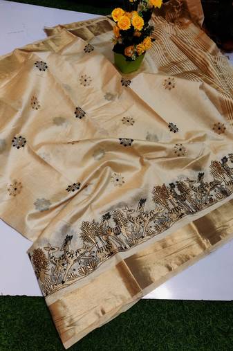 Cream tussar silk saree with kalamkari design & embroidery work