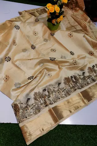 Cream tussar silk saree with kalamkari design & embroidery work