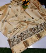 Cream tussar silk saree with kalamkari design & embroidery work