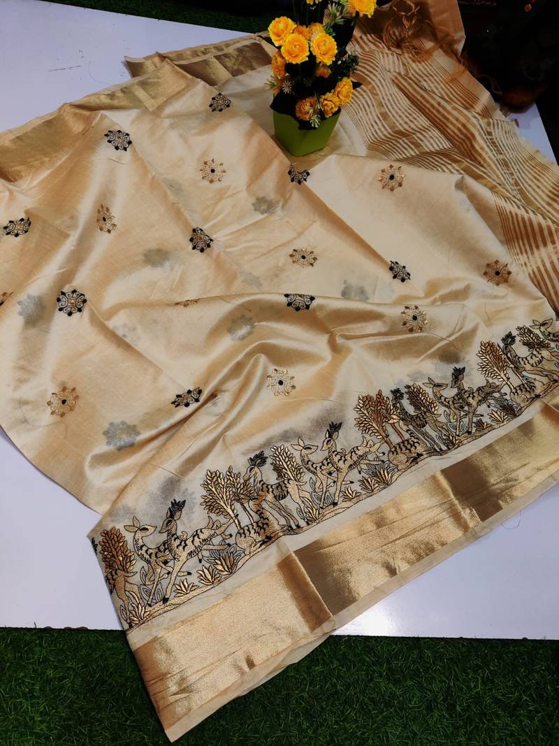 Cream tussar silk saree with kalamkari design & embroidery work
