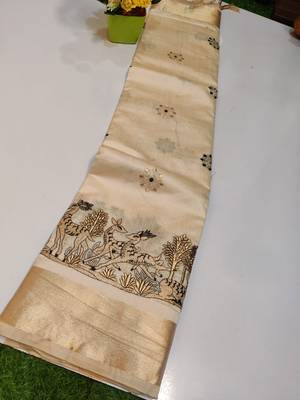 Cream tussar silk saree with kalamkari design & embroidery work 2