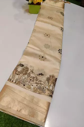 Cream tussar silk saree with kalamkari design & embroidery work