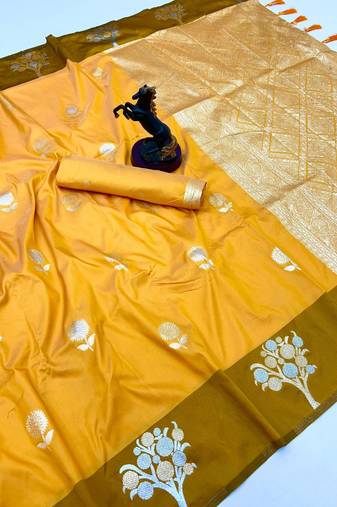 Yellow soft silk saree with zari weaving & floral motifs