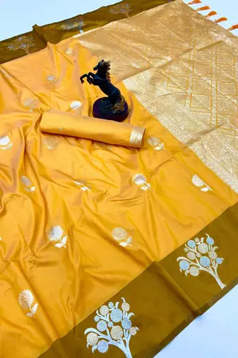 Yellow soft silk saree with zari weaving & floral motifs
