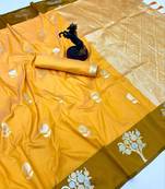Yellow soft silk saree with zari weaving & floral motifs