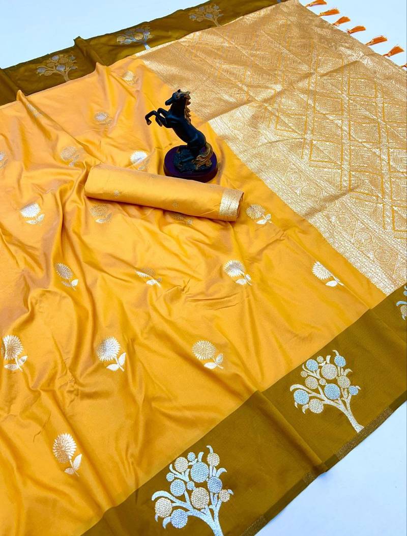 Yellow soft silk saree with zari weaving & floral motifs