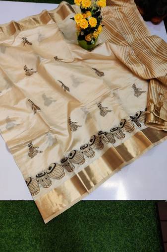 Cream tussar silk saree with kalamkari design & embroidery work
