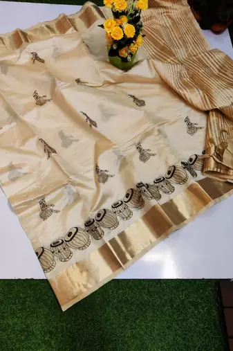 Cream tussar silk saree with kalamkari design & embroidery work