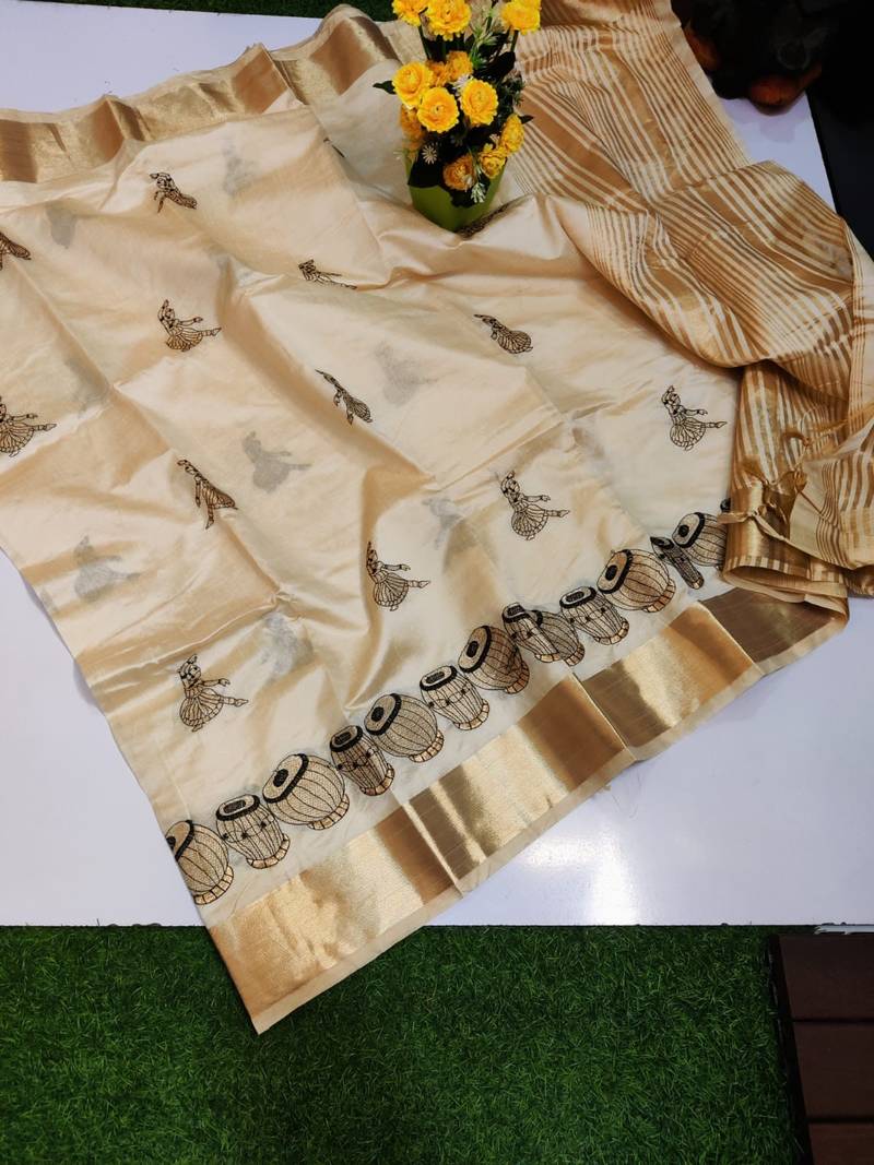 Cream tussar silk saree with kalamkari design & embroidery work
