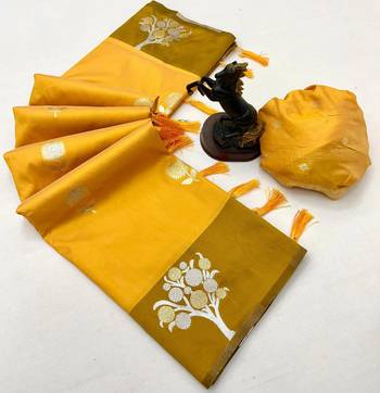 Yellow soft silk saree with zari weaving & floral motifs 2