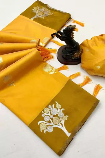 Yellow soft silk saree with zari weaving & floral motifs