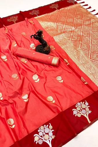 Orange soft silk saree with zari weaving & floral motifs