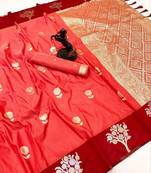 Orange soft silk saree with zari weaving & floral motifs