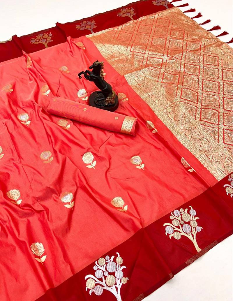 Orange soft silk saree with zari weaving & floral motifs