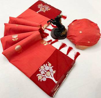 Orange soft silk saree with zari weaving & floral motifs 2