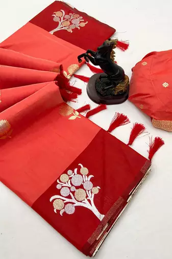 Orange soft silk saree with zari weaving & floral motifs