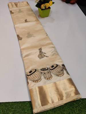 Cream tussar silk saree with kalamkari design & embroidery work 2