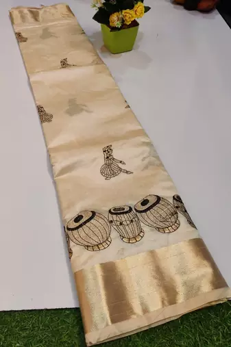 Cream tussar silk saree with kalamkari design & embroidery work
