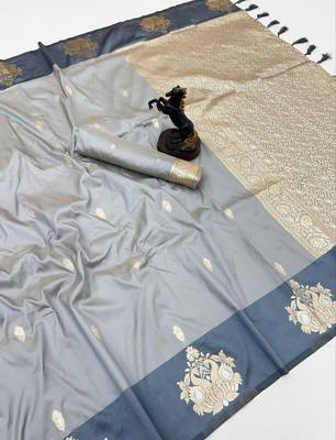 Light grey soft silk saree with zari weaving & rajhans motifs 1
